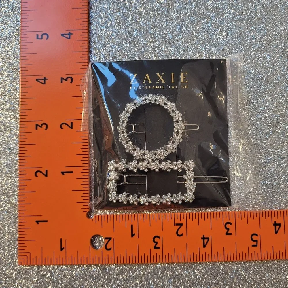 Zaxie Circle and Square Hair Clips Set of 2 Clear Stones in Floral Design New